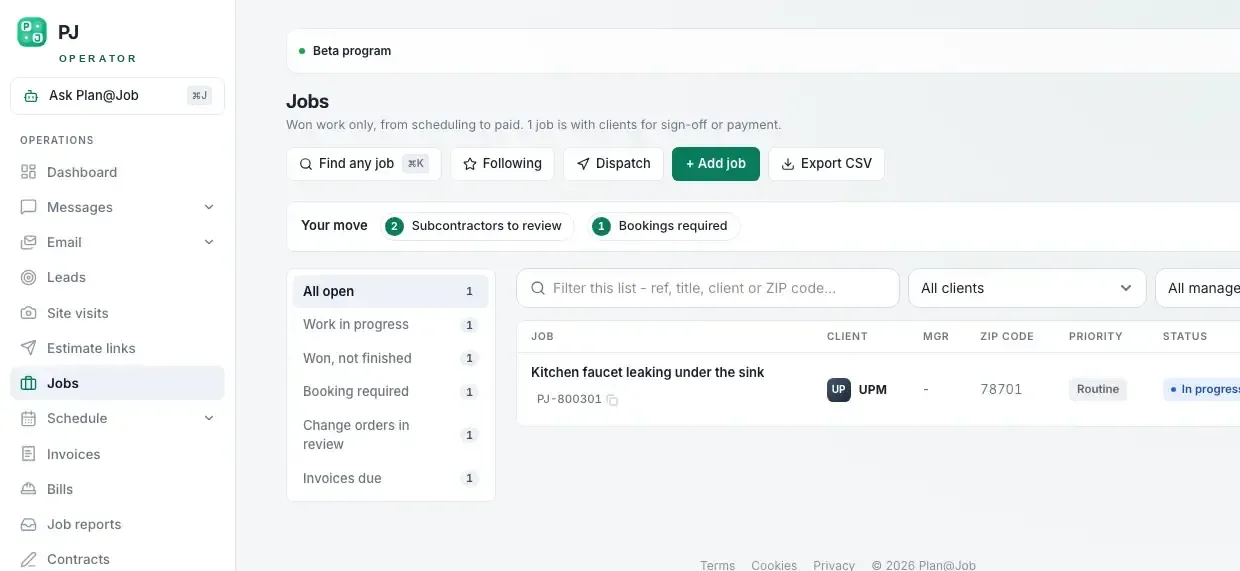 The Plan@Job jobs pipeline, showing each job with its client, priority, status and progress